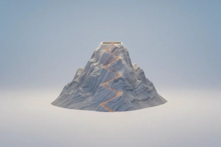 Minimalist stone mountain with a zigzag path narrowing at a pass, symbolizing a scaling bottleneck, on a soft gradient background.