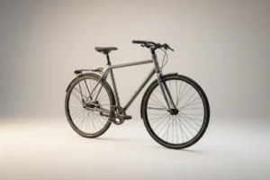 Sleek commuter bicycle on a soft neutral background, symbolizing a car-free daily routine to cut carbon emissions.