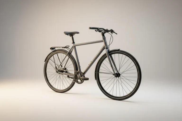 Sleek commuter bicycle on a soft neutral background, symbolizing a car-free daily routine to cut carbon emissions.