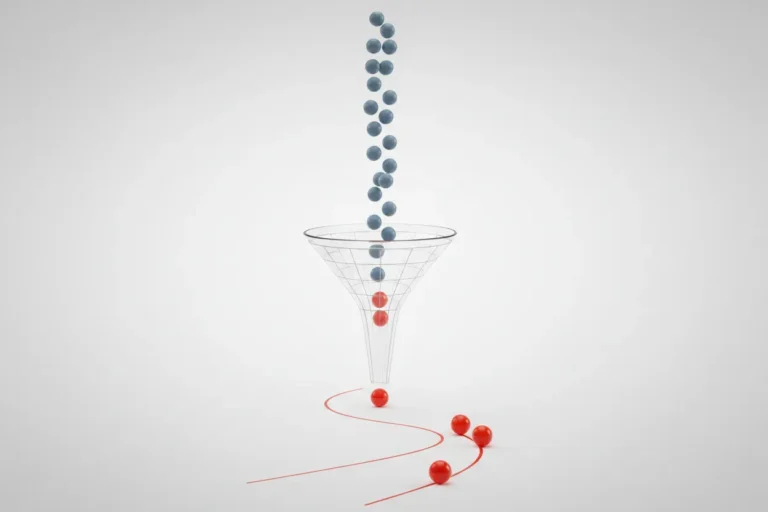 Glass funnel filters blue spheres as a few red spheres emerge and multiply, symbolizing algorithms amplifying misinformation.