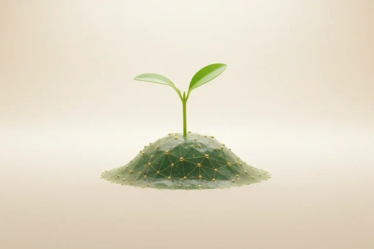 Green sprout emerging from a subtle network of connected nodes, symbolizing unexpected growth through social media algorithm insights.