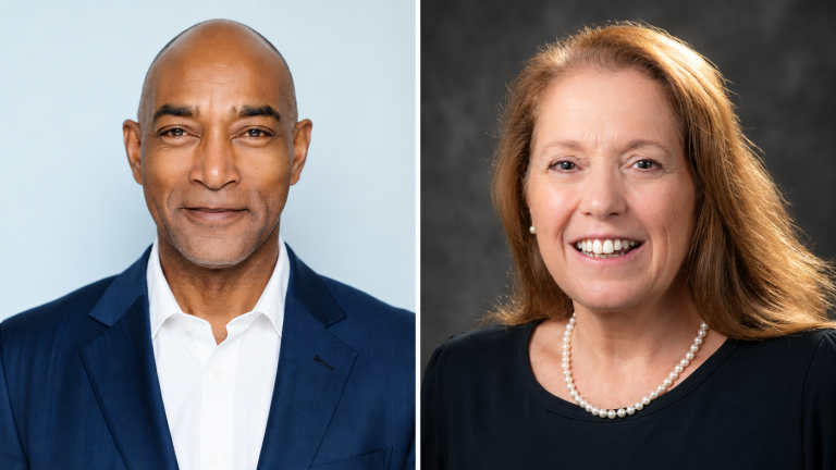 Headshots of Tony Hobley and Maureen Moran, the two new members of the UpSwell Marketing executive leadership team.