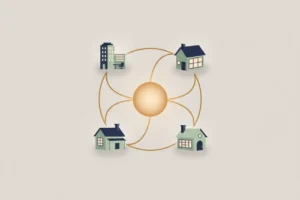 Glowing central hub connects four remote workspaces in a balanced network, symbolizing strong culture across distributed teams.
