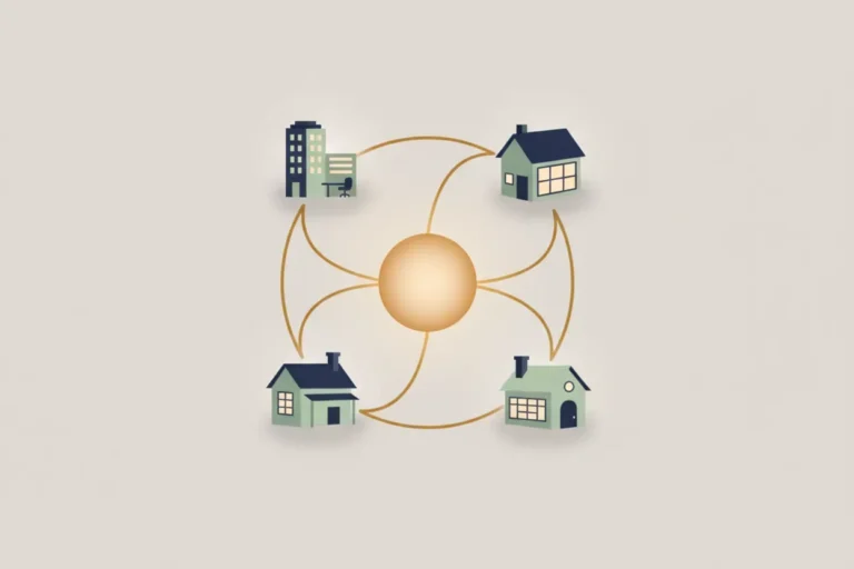 Glowing central hub connects four remote workspaces in a balanced network, symbolizing strong culture across distributed teams.