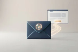 Personalized email envelope sending a glowing pathway toward a website landing page
