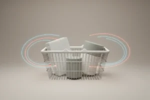 Shopping basket with generic products guided by subtle glowing algorithm pathways on a neutral background