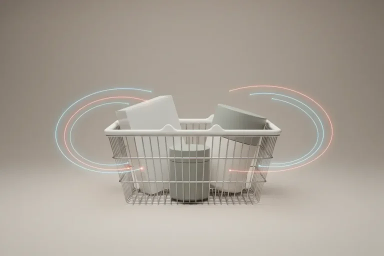 Shopping basket with generic products guided by subtle glowing algorithm pathways on a neutral background
