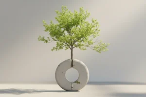 A young green tree grows through a stone ring, symbolizing resilience and positive company culture change.