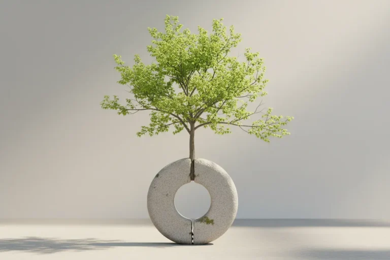 A young green tree grows through a stone ring, symbolizing resilience and positive company culture change.
