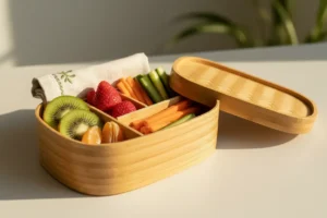 Reusable bamboo lunchbox with fresh fruit, vegetables, and a cloth napkin, representing a low-waste habit for children.