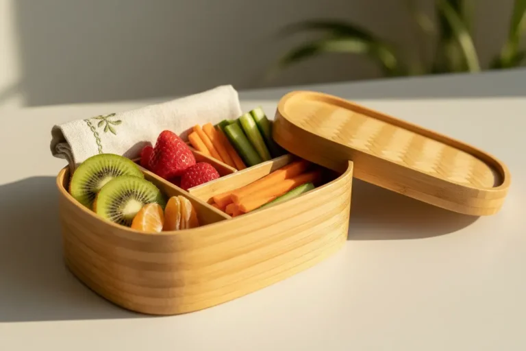 Reusable bamboo lunchbox with fresh fruit, vegetables, and a cloth napkin, representing a low-waste habit for children.