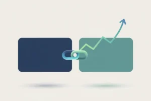 Two blank website panels connected by a glowing link, with an upward trend line symbolizing SEO growth through collaboration.
