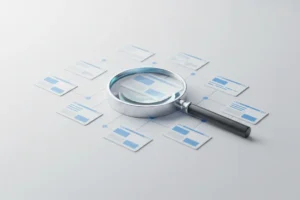 Magnifying glass highlighting a connected website network, symbolizing an SEO discovery and auditing tool.