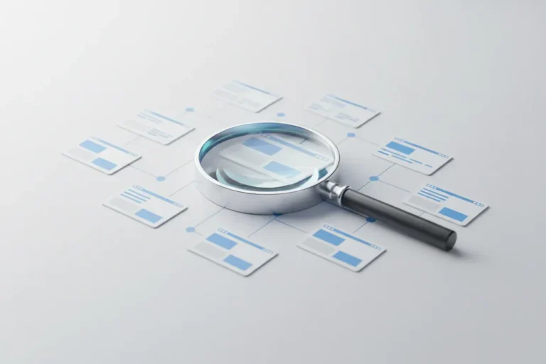 Magnifying glass highlighting a connected website network, symbolizing an SEO discovery and auditing tool.