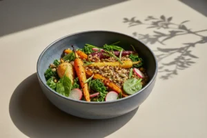 Colorful plant-based meal with vegetables, greens, lentils, and grains in a ceramic bowl on a neutral background.