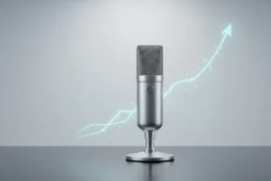 Modern microphone emitting sound waves that form an upward-trending line, representing voice search optimization and growing organic traffic.