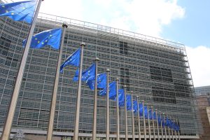 EU flags outside the European Commission's Berlaymont headquarters in Brussels