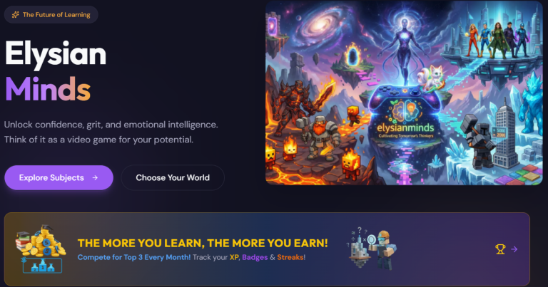 A colorful video-game style learning world with fantasy characters, from the Elysian Minds children's education platform.
