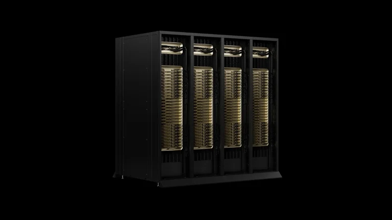 Nvidia server racks with exposed cables against a black background