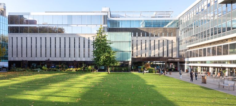 Lawn and library buildings at Imperial College London