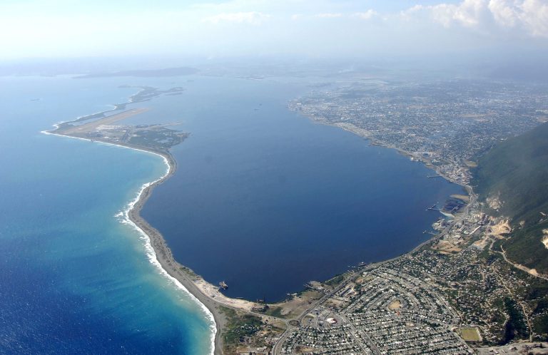 Aerial view of Kingston Harbour and the surrounding city in Jamaica